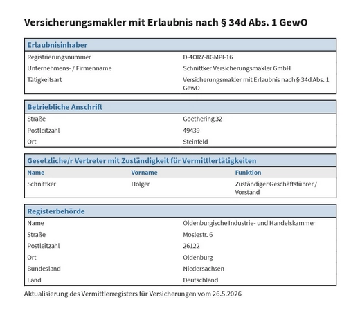 Vermittlerregistereintrag der Schnittker Versicherungsmakler GmbH