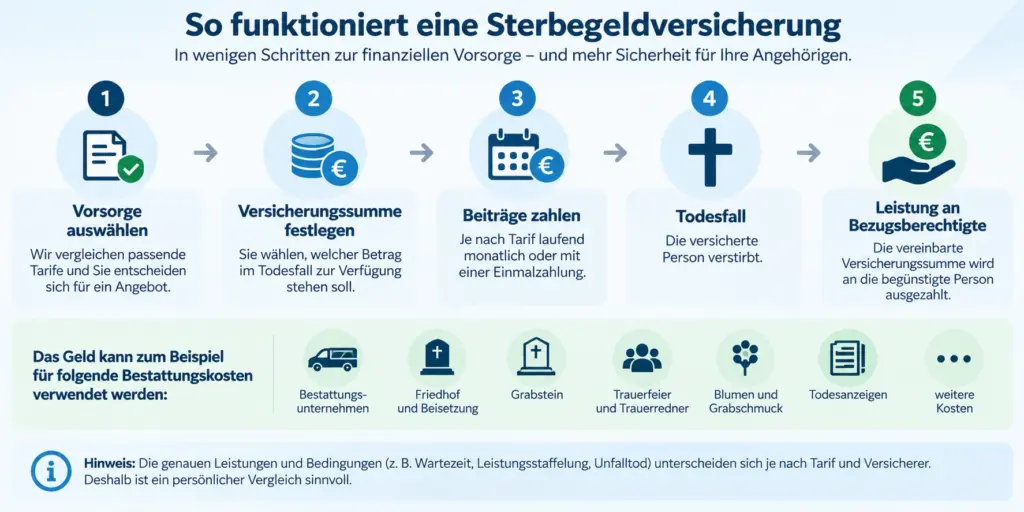 So funktioniert eine Sterbegeldversicherung: Vorsorge auswählen, Versicherungssumme festlegen, Beiträge zahlen und Auszahlung der Versicherungssumme im Todesfall an die Bezugsberechtigten.