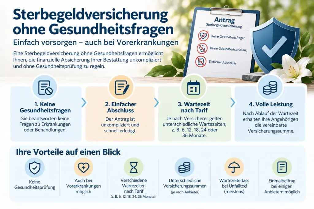 Infografik zur Sterbegeldversicherung ohne Gesundheitsfragen mit Informationen zum einfachen Abschluss, möglichen Wartezeiten, Leistungen und Vorteilen für Personen mit Vorerkrankungen.